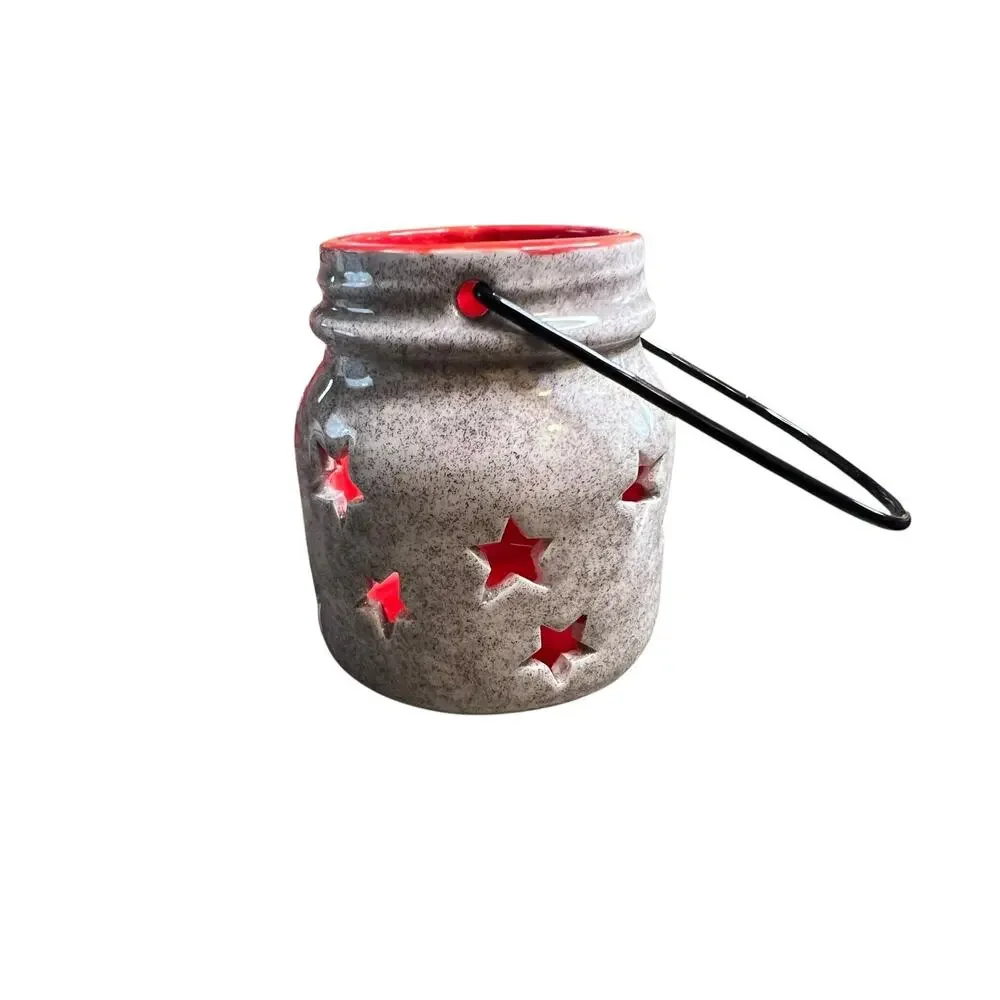 Rustic Ceramic Star Lantern Speckled Grey‎ Red Interior Mason Jar Style 3.5